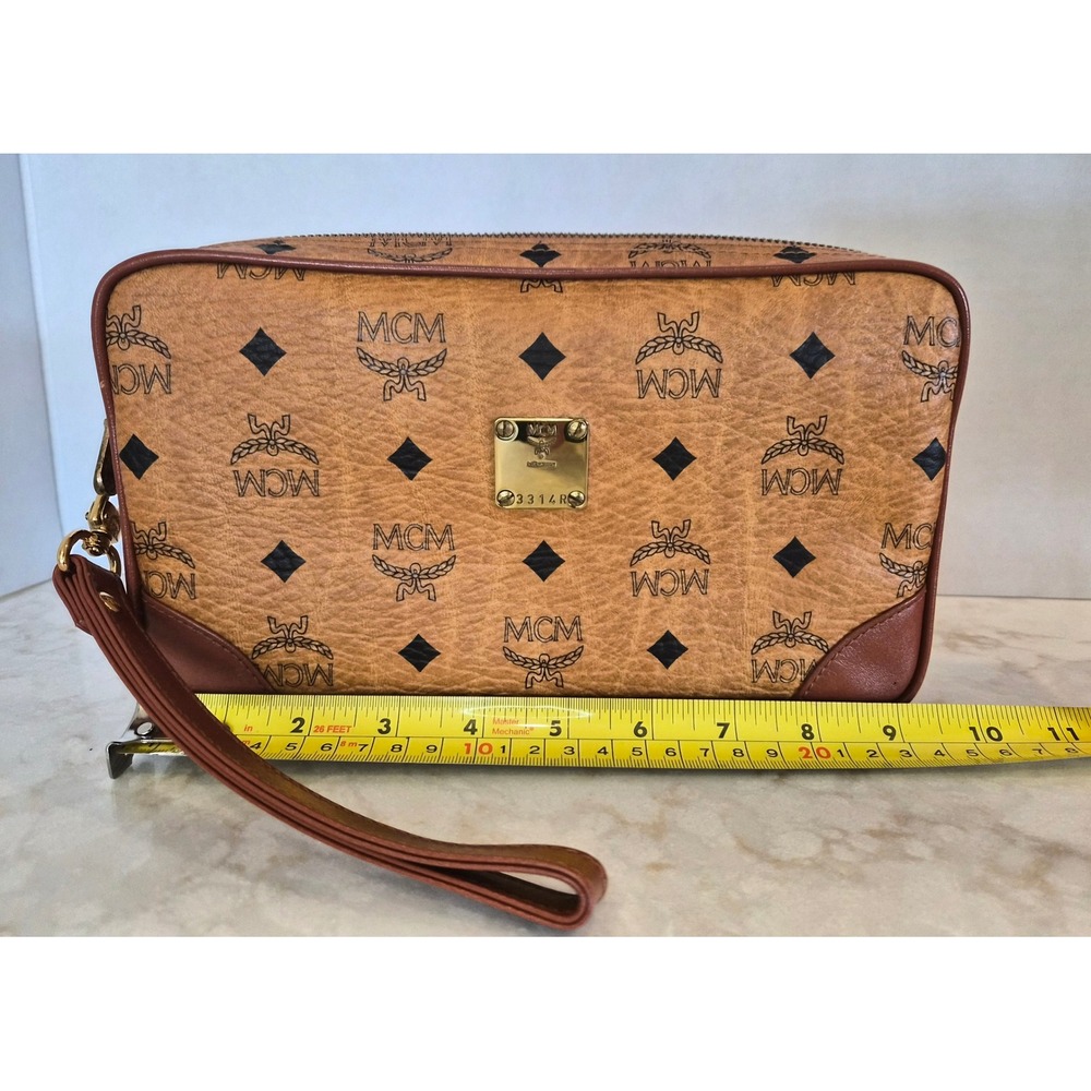 MCM Visetos Monogram Cognac Brown Leather Wristlet Clutch Bag 3314R Vintage